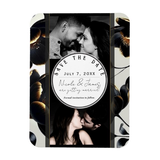 Black & Gold Floral Greige Wedding Save the Date Magnet (Vertikal)