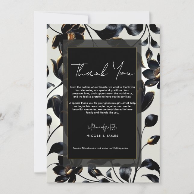 Black & Gold Floral Greige Wedding Vielen Dank Einladung (Vorderseite)