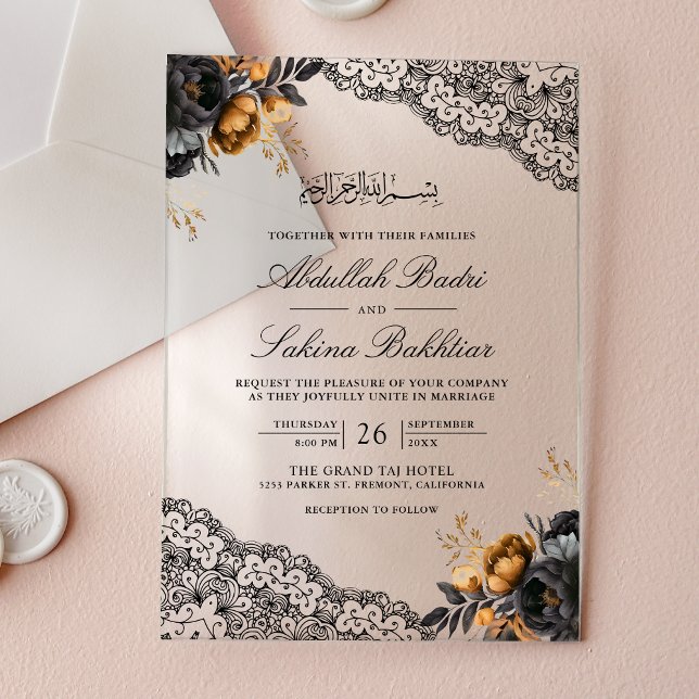 Black Gold Floral Lace Muslim Wedding Acryleinladungen (Von Creator hochgeladen)