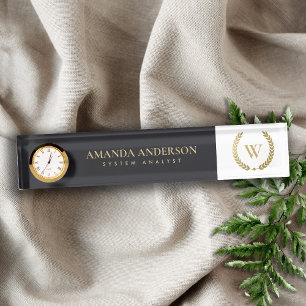 BLACK GOLD FLORAL LAUREL WREATT INITIAL MONOGRAM NAMENSPLAKETTE