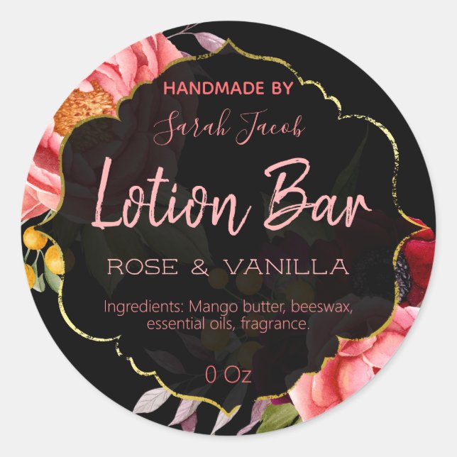Black Gold Floral Lotion Bar Labels Runder Aufkleber (Vorderseite)
