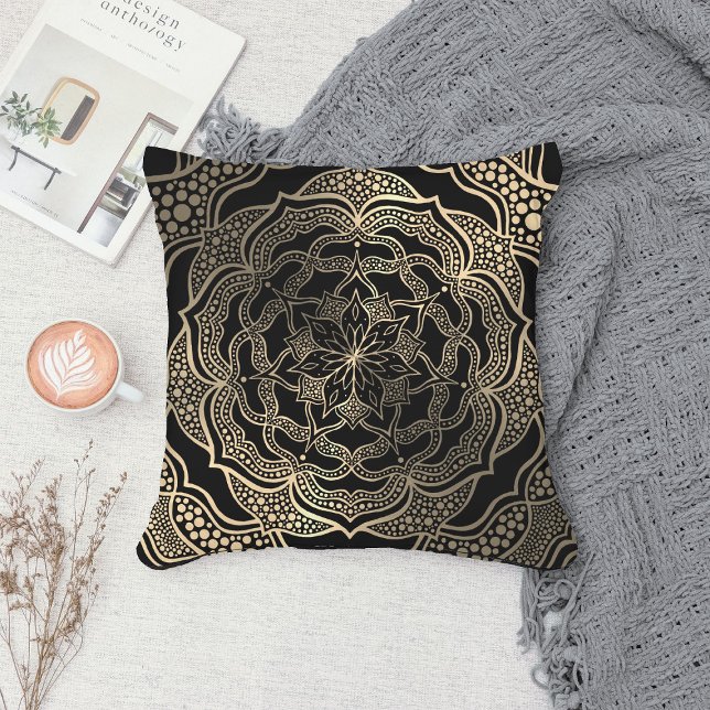 Black & Gold Floral Mandala Schöner, stilvoller Ch Kissen (Von Creator hochgeladen)