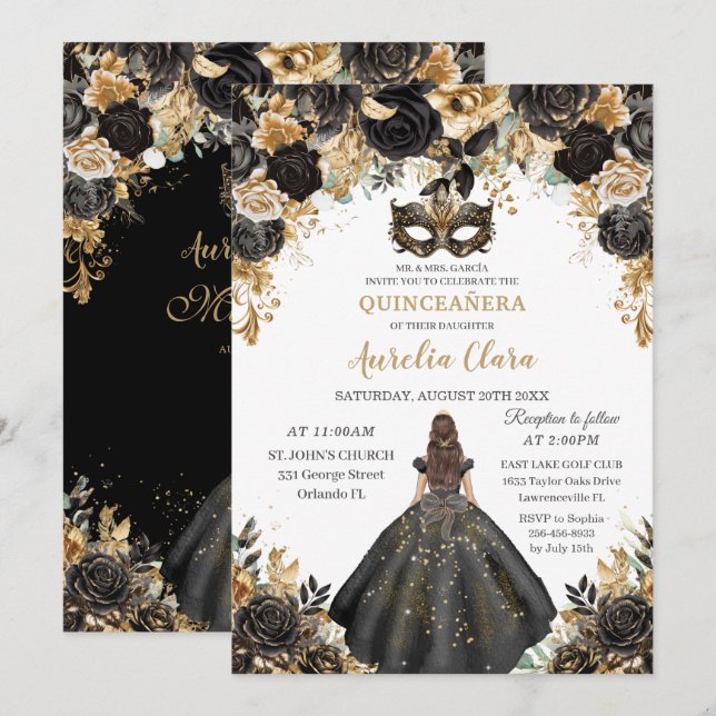 Black Gold Floral Masquera Ball Quinceañera Einladung (Vorne/Hinten)