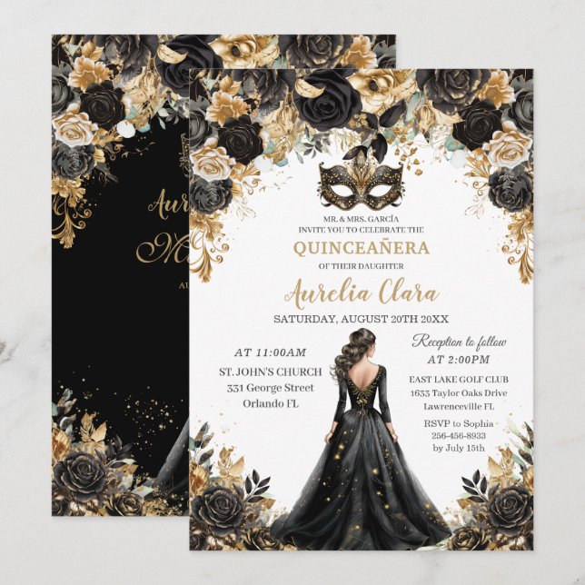 Black Gold Floral Masquera Ball Quinceañera Einladung (Vorne/Hinten)