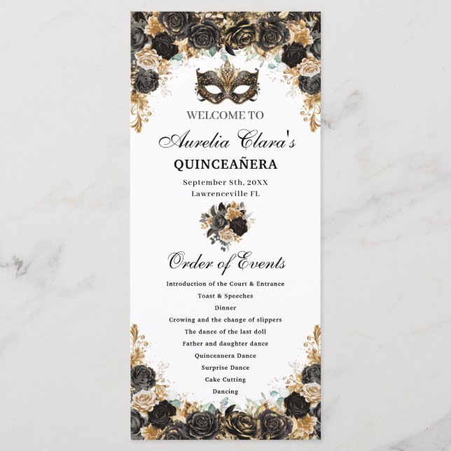 Black Gold Floral Masquerade Mask Quinceañera  Programm (Vorderseite)