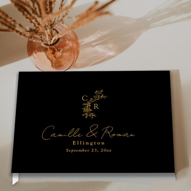 Black/Gold Floral Monogram Calligraphy Wedding Gästebuch (Von Creator hochgeladen)
