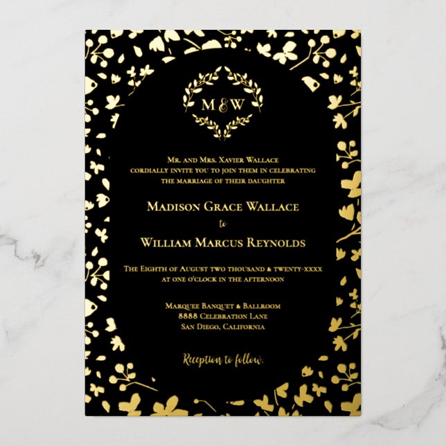 Black & Gold Floral Monogram Elegant Luxe wedding Folieneinladung (Vorderseite)