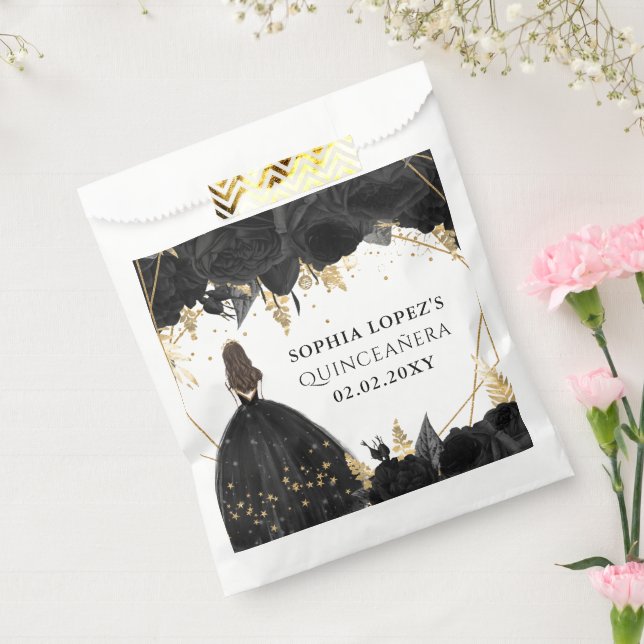Black Gold Floral Princess Quinceanera Geschenktütchen (Versiegelt)
