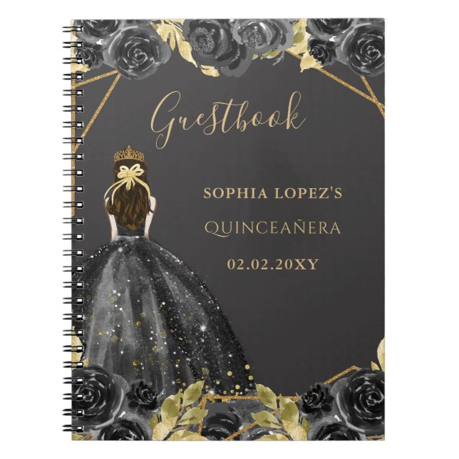 Black Gold Floral Princess Quinceanera Livre d'or (Devant)