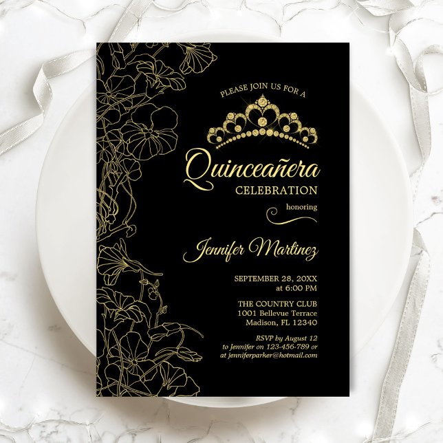 Black Gold Floral Quinceanera Party Einladung (Von Creator hochgeladen)