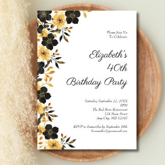 Black Gold Floral Watercolor 40. Geburtstags-Party Einladung
