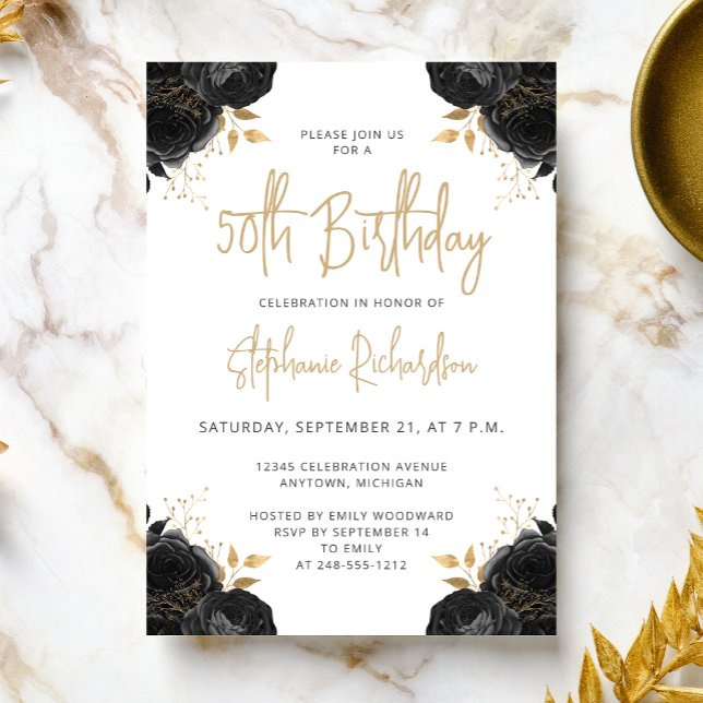 Black Gold Floral White 50th Birthday Invitation (Créateur téléchargé)
