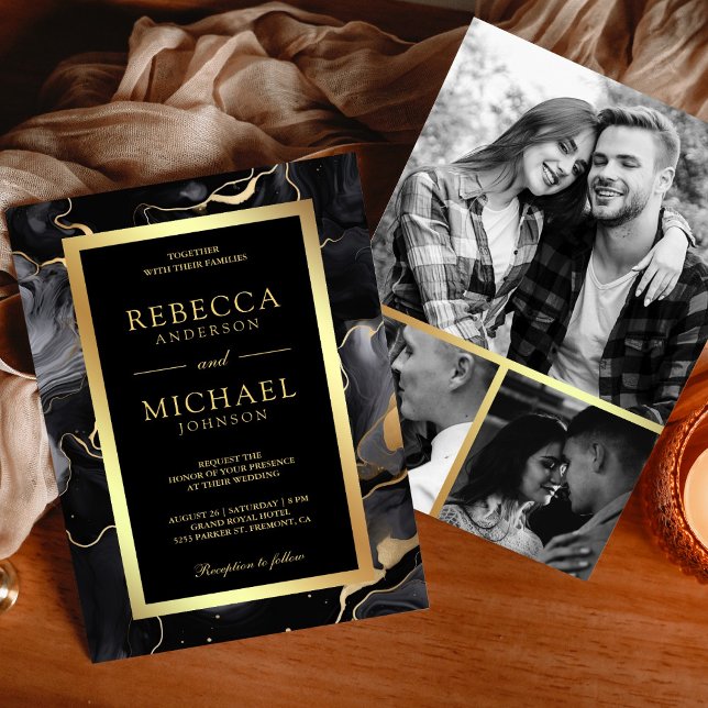 Black Gold Fluid Tinte Foto Collage Hochzeit Einladung (Von Creator hochgeladen)