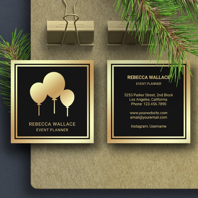 Black Gold Foil Balloons Party Event Plane Quadratische Visitenkarte (Von Creator hochgeladen)