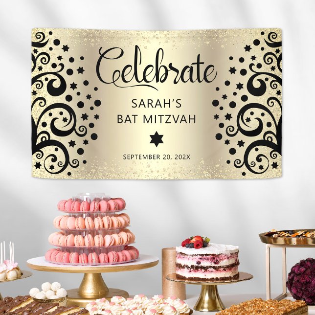 Black Gold Foil Bat Mitzvah Tree of Life Script Banner (Von Creator hochgeladen)
