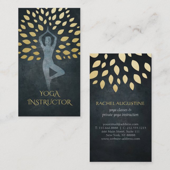Black & Gold Foil Blätter mit Yoga Meditation Pose Visitenkarte (Vorne/Hinten)