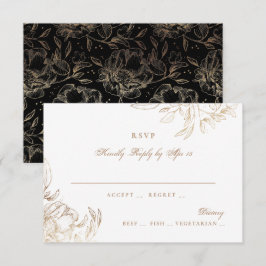 Black Gold Foil Bloral Hand Drawn Elegante Hochzei RSVP Karte
