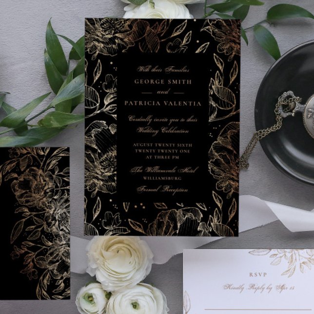 Black Gold Foil Blume Hand Drawn Elegante Hochzeit Einladung (Von Creator hochgeladen)