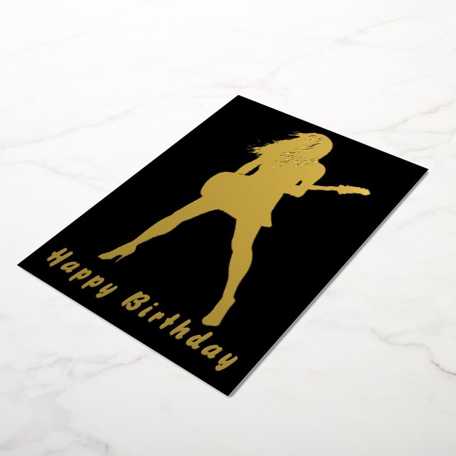 Black Gold Foil Carte Anniversaire Guitare Joueuse (Rotation)