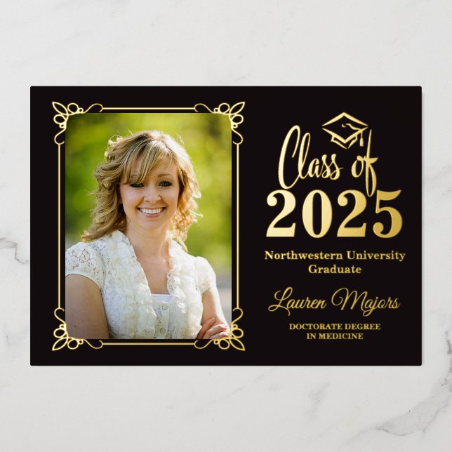 Black Gold FOIL Class 2025 Foto Abschluss Folieneinladung (Vorderseite)