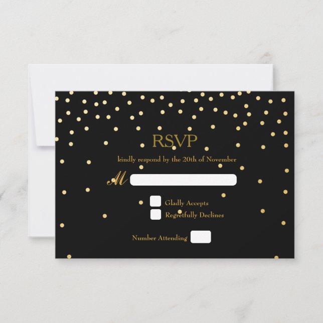 Black & Gold Foil Confetti Dots Wedding RSVP Card Karte (Vorderseite)