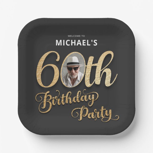 Black Gold Foil Custom Foto 60. Geburtstag Pappteller (Vorderseite)