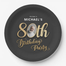 Black Gold Foil Custom Photo 80th Birthday Pappteller