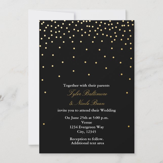 Black & Gold Foil Dots Moderne Hochzeitseinladung Einladung (Vorderseite)