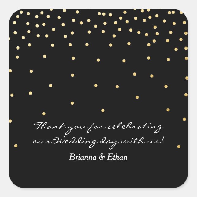 Black & Gold Foil Dots Moderne Hochzeitskleber Quadratischer Aufkleber (Vorderseite)