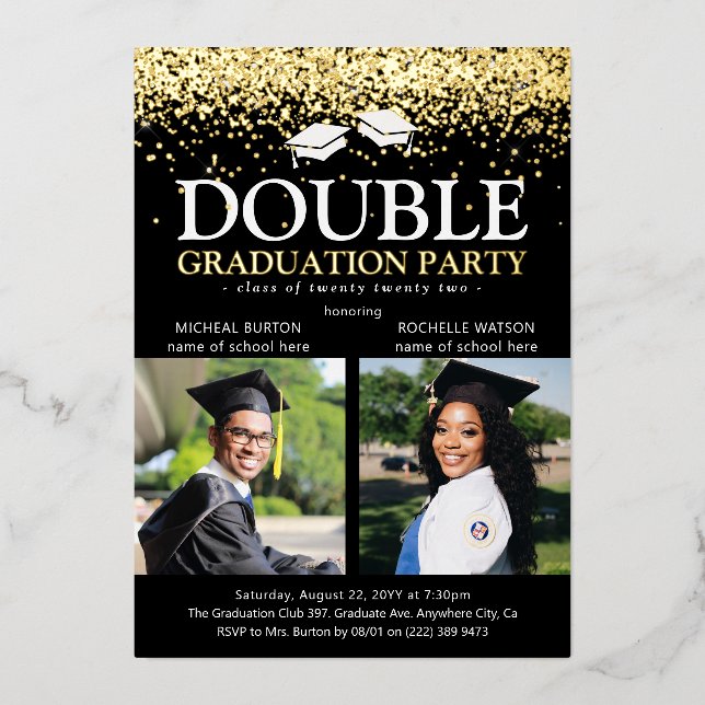 Black & Gold Foil Double Graduation Party Foto Folieneinladung (Vorderseite)
