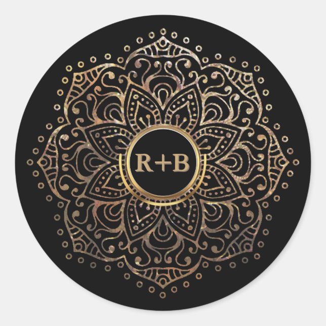 Black Gold Foil Mandala Boho Gastgeschenk Hochzeit Runder Aufkleber (Vorderseite)