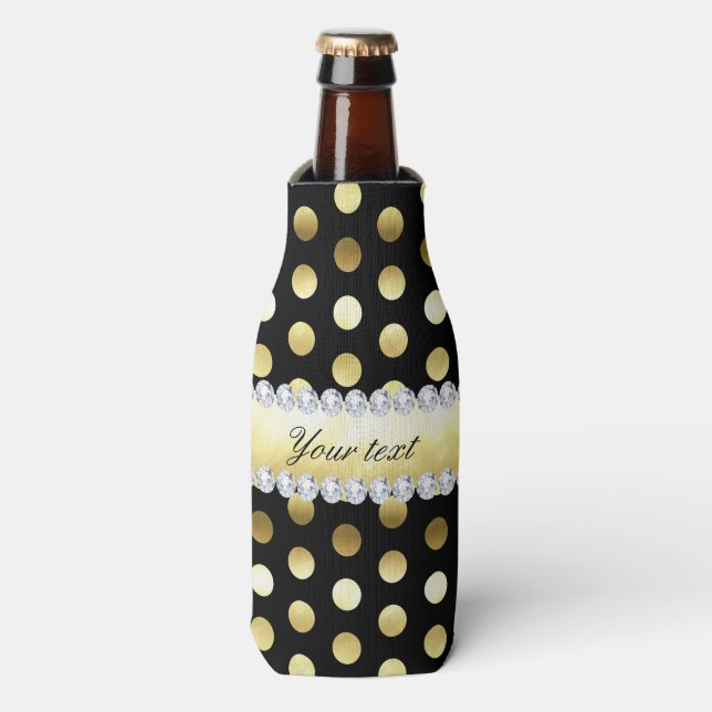 Black Gold Foil Polka Dots Diamonds Flaschenkühler (Flaschenvorderseite)