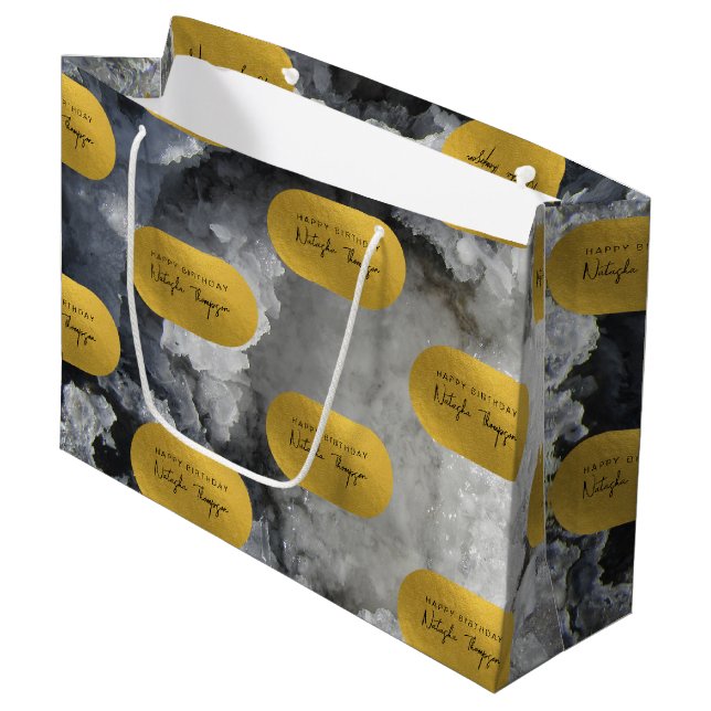 Black Gold Foil Sea Crystals Signature Script Große Geschenktüte (Vorderseite Schrägansicht)