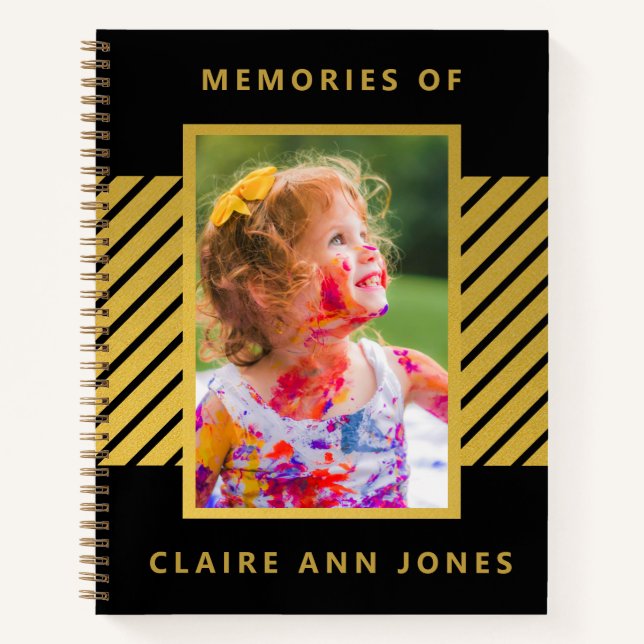 Black Gold Foil Stripes Child Memory Notebook Notizbuch (Vorderseite)