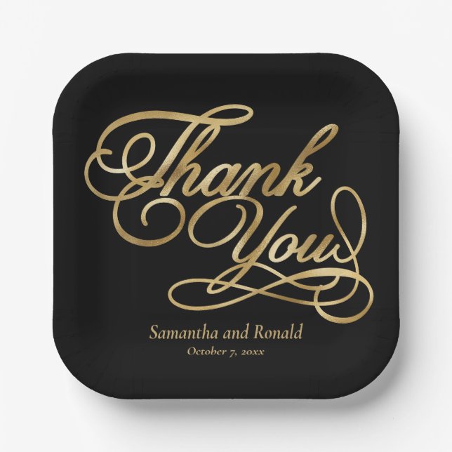 Black & Gold Foil Vielen Dank für Ihre kalligraphi Pappteller (Vorderseite)