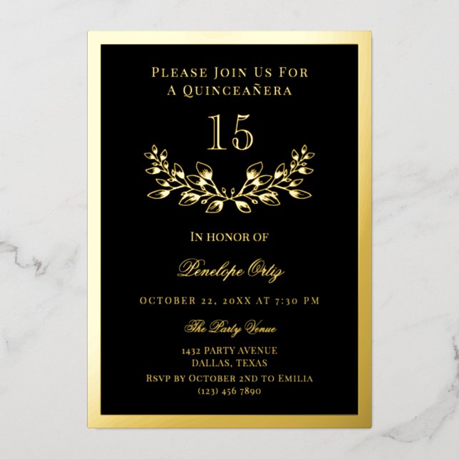 Black & Gold Foil Wreath Quinceañera Folieneinladung (Vorderseite)