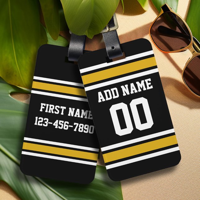 Black Gold Football Jersey Individuelle Name Numme Gepäckanhänger (Personalized Sports Luggage Tag - Football Jersey Theme)