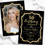 Black Gold Foto 50. Geburtstag Einladung<br><div class="desc">Elegante Einladung zum 50. Geburtstag mit Ihrem Foto auf der Kartenrückseite. Glam schwarzes Design mit Imitaten Glitzer Gold. Enthält Skript-Schriftart und Konfetti. Ideal für ein stilvolles Party für Erwachsene. Personalisieren Sie Ihre persönlichen Daten. Kann für jedes Alter angepasst werden! Gedruckte Zazzle Einladungen oder Sofortdownload digitalen druckbaren Vorlage.</div>