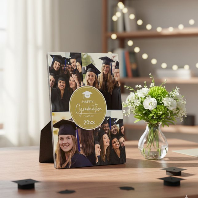 Black Gold Foto Collage Happy Abschluss Fotoplatte (Graduation Photo Collage Elegant Class of 2026 Design Plaque)