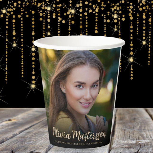 Black Gold Foto Graduation Party Pappbecher (Graduation party photo paper cups)