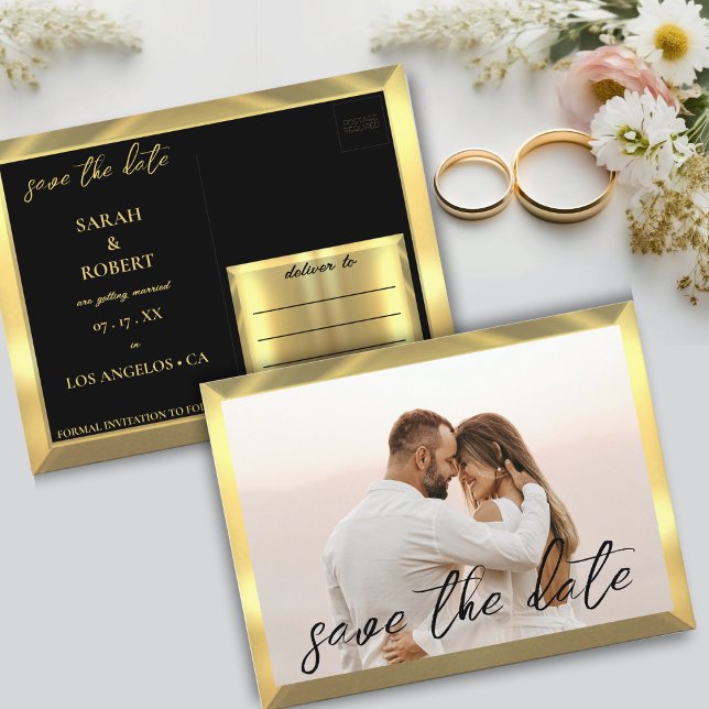 Black & Gold Foto Hochzeit Postkarte (Black & Gold Photo Wedding Postcard)