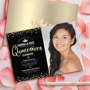 Black Gold Foto Quinceañera Glitzer Tiara Girly Einladung