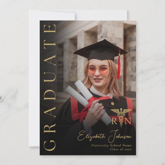 Black Gold Foto RN Nurse Graduation Party Einladung (Vorderseite)