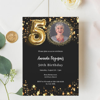 Black Gold Foto Stars 50. Luxus Geburtstag Einladung