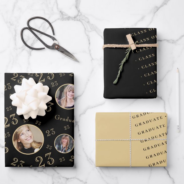 Black Gold Foto Typografy Class of 2023 Geschenkpapier Set (Vorderseite)