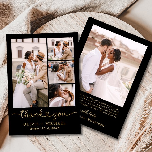 Black Gold Four Foto Collage Script Hochzeit Dankeskarte (Von Creator hochgeladen)