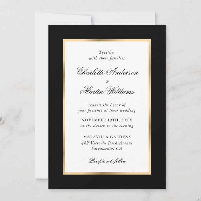 Black Gold Frame Elegante Script Hochzeit Einladung (Vorderseite)
