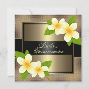 Black & Gold Frangipani Quinceñera Einladung
