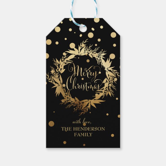 Black Gold Frohe Weihnachten Eukalyptus Wreath Geschenkanhänger (Vorderseite)