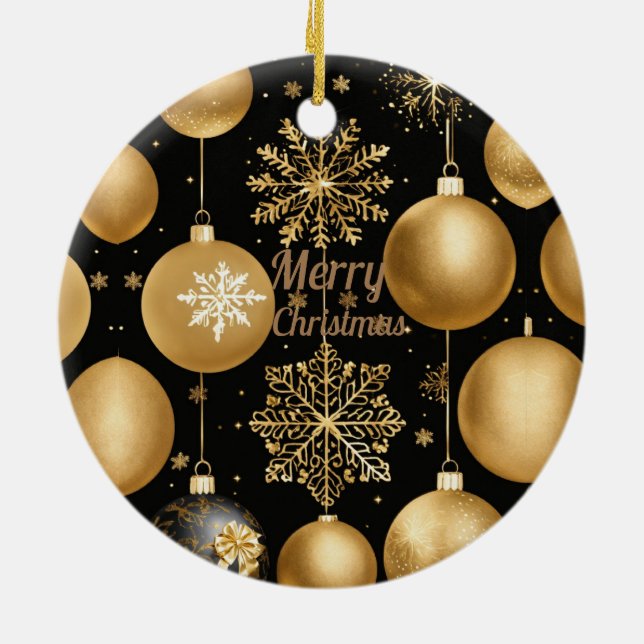 Black & Gold Frohe Weihnachtsball Keramik Ornament (Hinten)